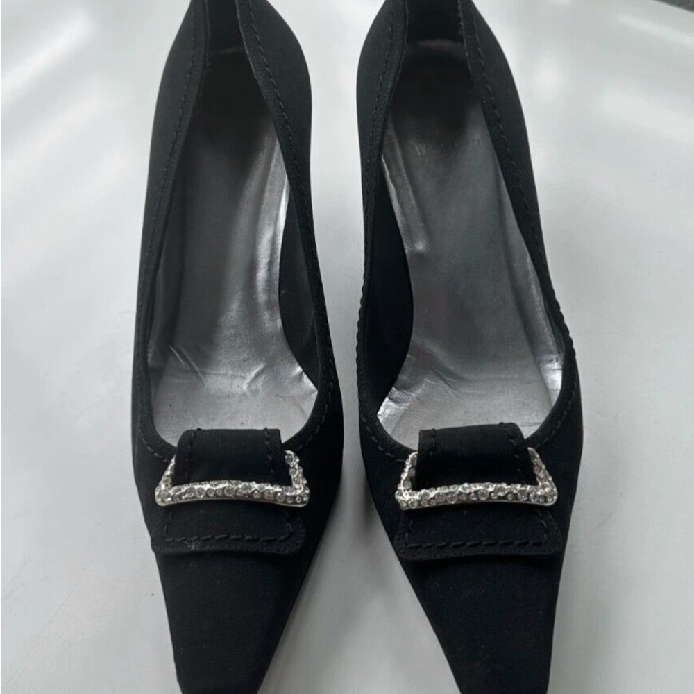 Stuart Weitzman Black Pointed Toe Heels with Rhinestone Buckle
